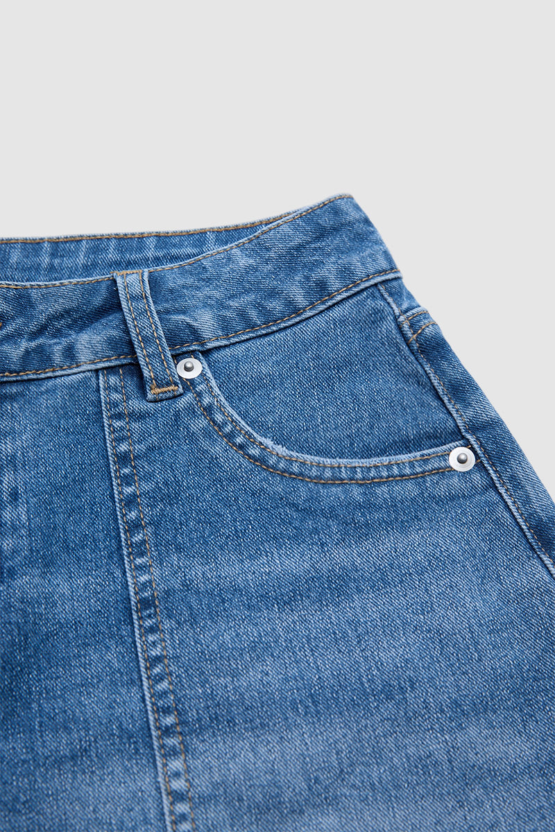 Wash Split Mid Waist Denim Mid Thigh Shorts Without Belt