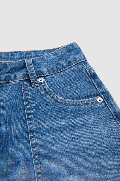 Wash Split Mid Waist Denim Mid Thigh Shorts Without Belt