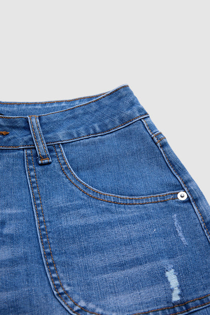 Roll Hem Button Tab Ripped Mid Waist Denim Shorts