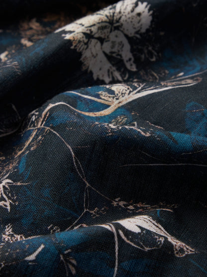 Robe midi en lin, manches longues, col en V, motif floral, boutonnée, style vintage, bleu foncé