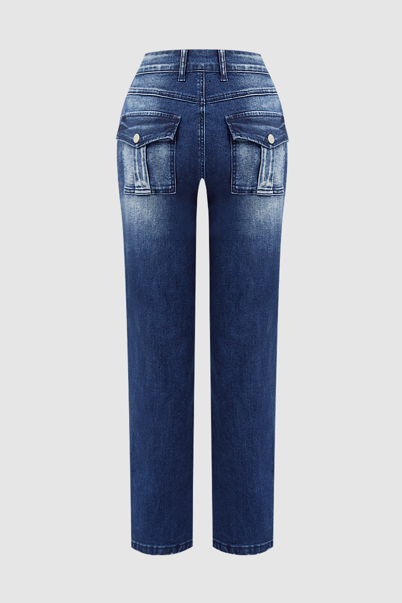 Wash Stitch Detail Flap Pocket High Waist Straight Leg Jeans