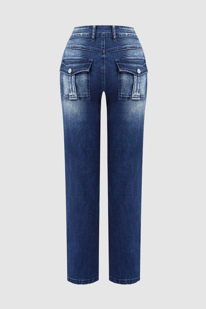 Wash Stitch Detail Flap Pocket High Waist Straight Leg Jeans