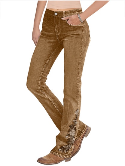 Washed Floral Embroidery Stretchy Mid Waist Bootcut Jeans