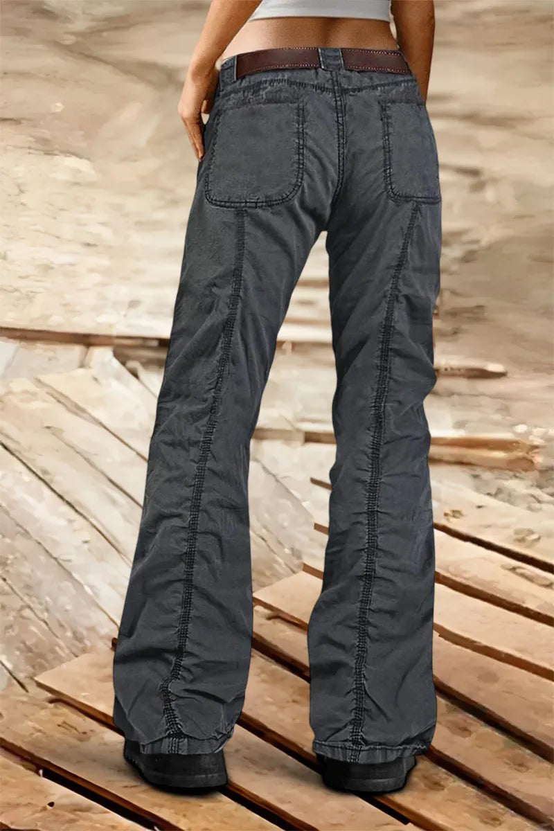 Solid Stitch Detail Mid Rise Straight Leg Cargo Pants Without Belt