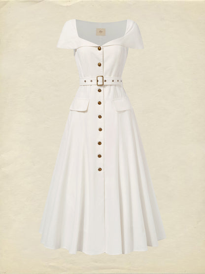 Robe Midi en Lin, Manches Courtes, Col Châle, Unie, Boutons, Style Vintage Français, Blanc