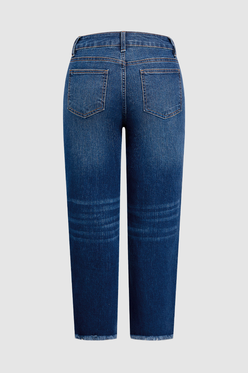 Wash Ripped Raw Hem Straight Leg Mid Rise Crop Jeans