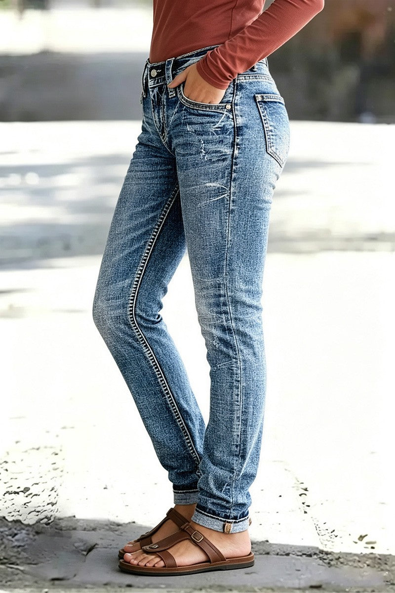 Wash Ripped Roll Hem Low Waist Straight Leg Jeans