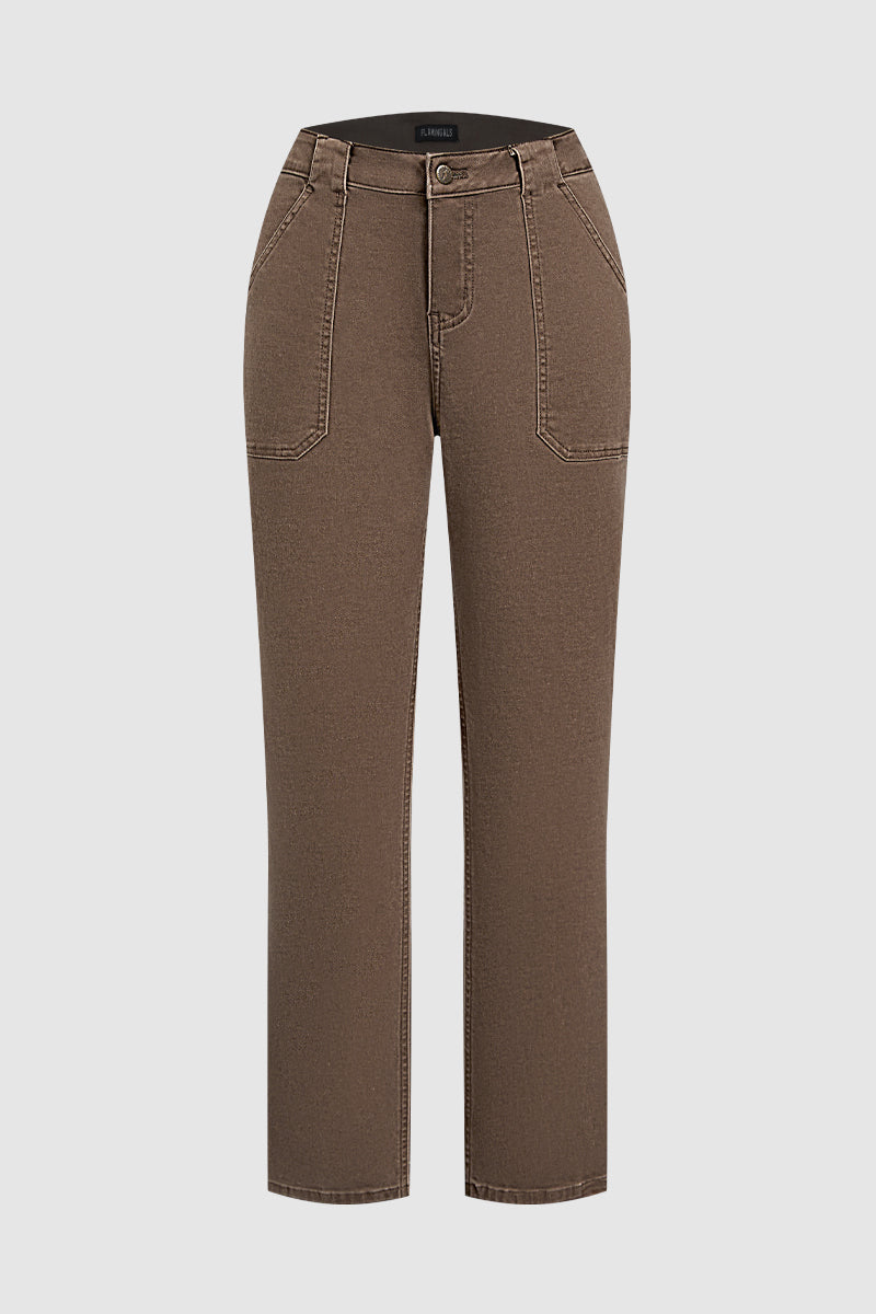 Solid Flap Pocket Mid Waist Straight Leg Pants
