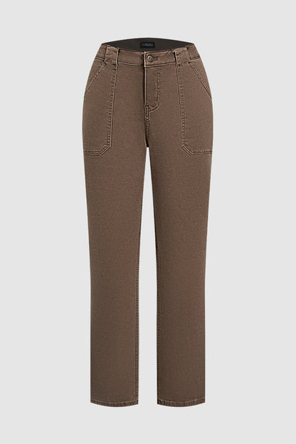 Solid Flap Pocket Mid Waist Straight Leg Pants