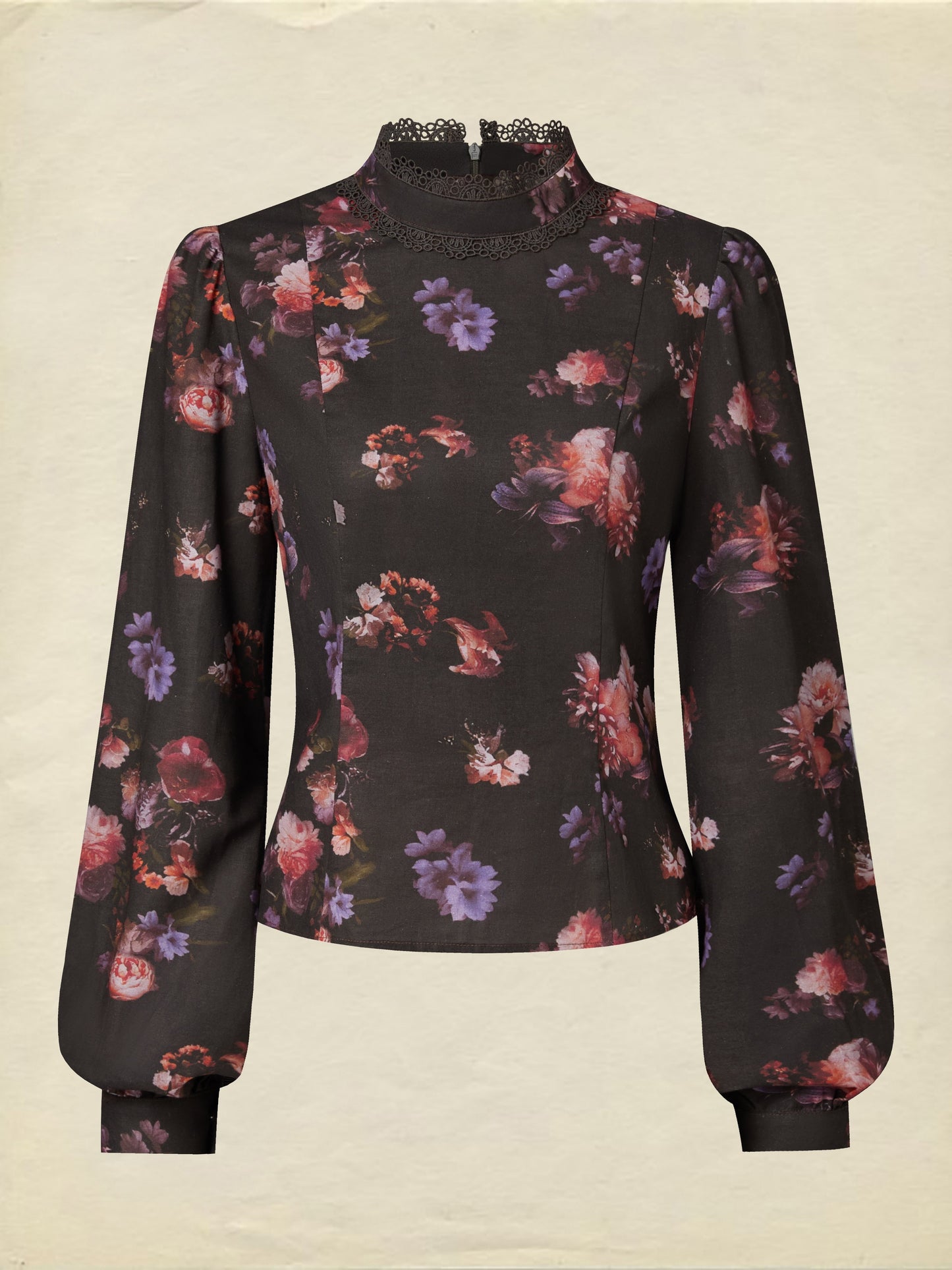 Chemisier en coton, manches longues, col montant, floral, dentelle, vintage, noir