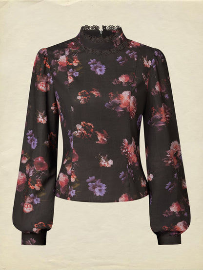 Chemisier en coton, manches longues, col montant, floral, dentelle, vintage, noir