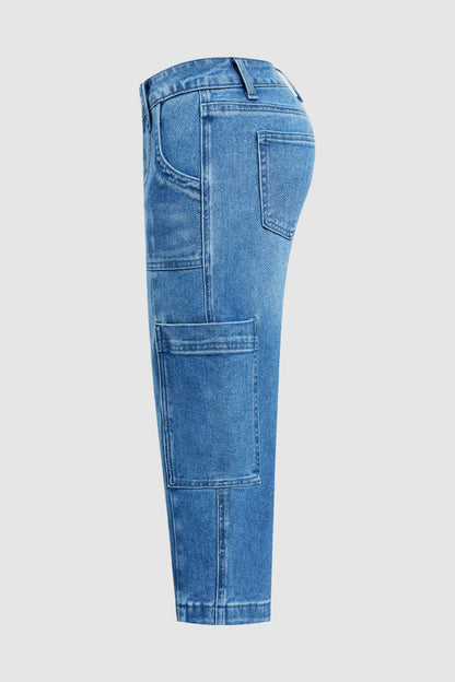 Wash Pocket Side Mid Waist Barrel Leg Capri Jeans Without Belt