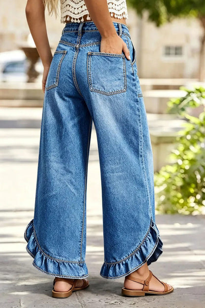 Wash Ripped Ruffle Hem High Rise Wide Leg Jeans