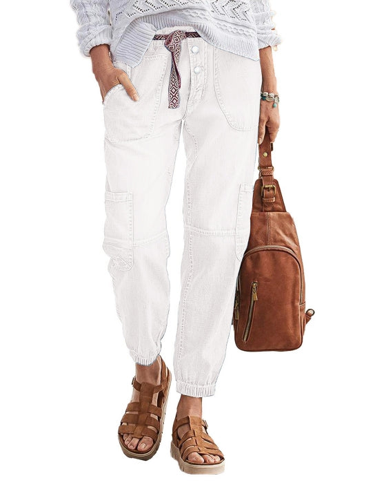 Multi Pocket Button Fly Mid Rise Straight Leg Crop Jeans Without Belt