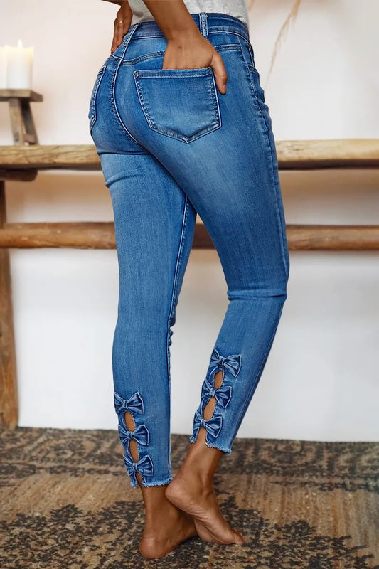 Raw Hem Cut Out Bow Tie Mid Waist Crop Skinny Jeans