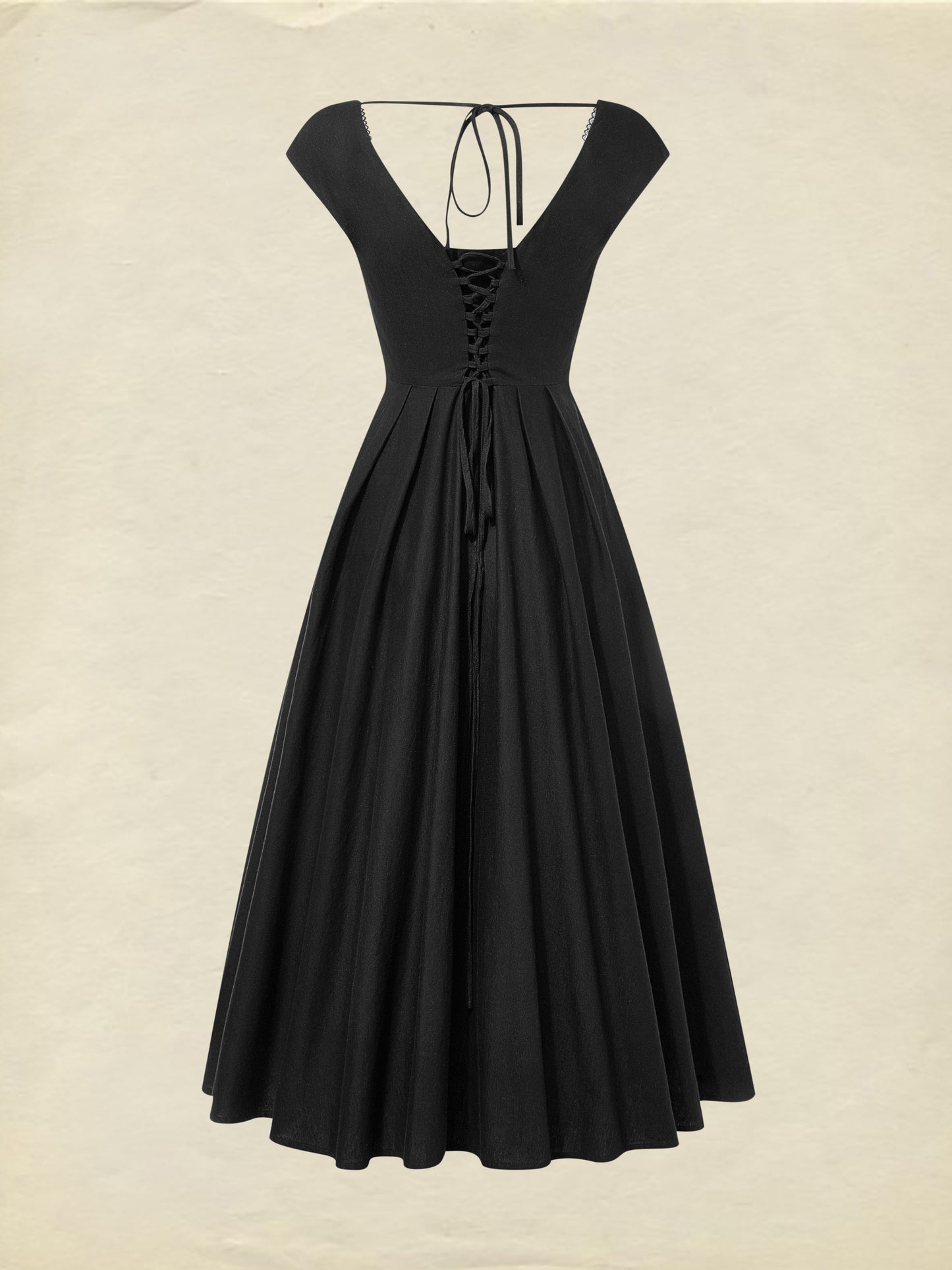 Robe Midi en Lin, Sans Manches, Col en Dentelle, Unie, Dentelle, Vintage Français, Noir