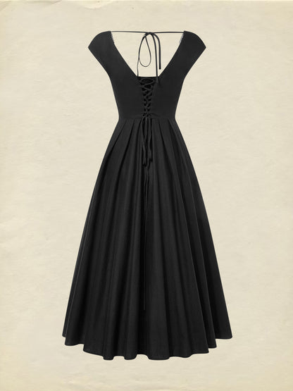 Robe Midi en Lin, Sans Manches, Col en Dentelle, Unie, Dentelle, Vintage Français, Noir