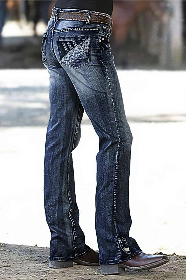 Embroidered Pocket Buttoned Hem Mid Waist Bootcut Jeans Without Belt