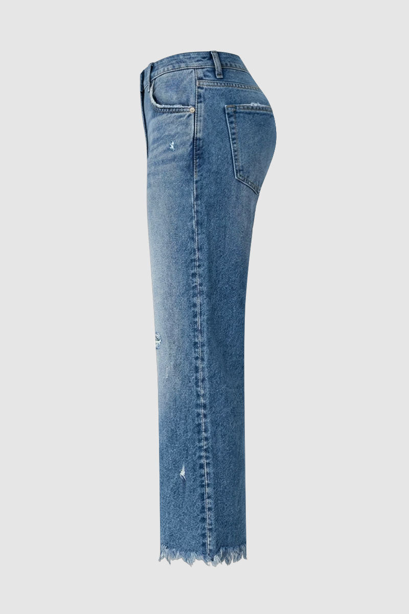 Wash Raw Hem Ripped Mid Rise Crop Straight Leg Jeans