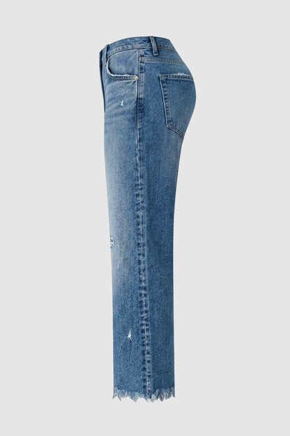Wash Raw Hem Ripped Mid Rise Crop Straight Leg Jeans