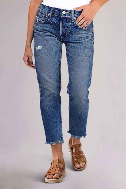 Raw Hem Ripped Mid Rise Straight Leg Crop Jeans