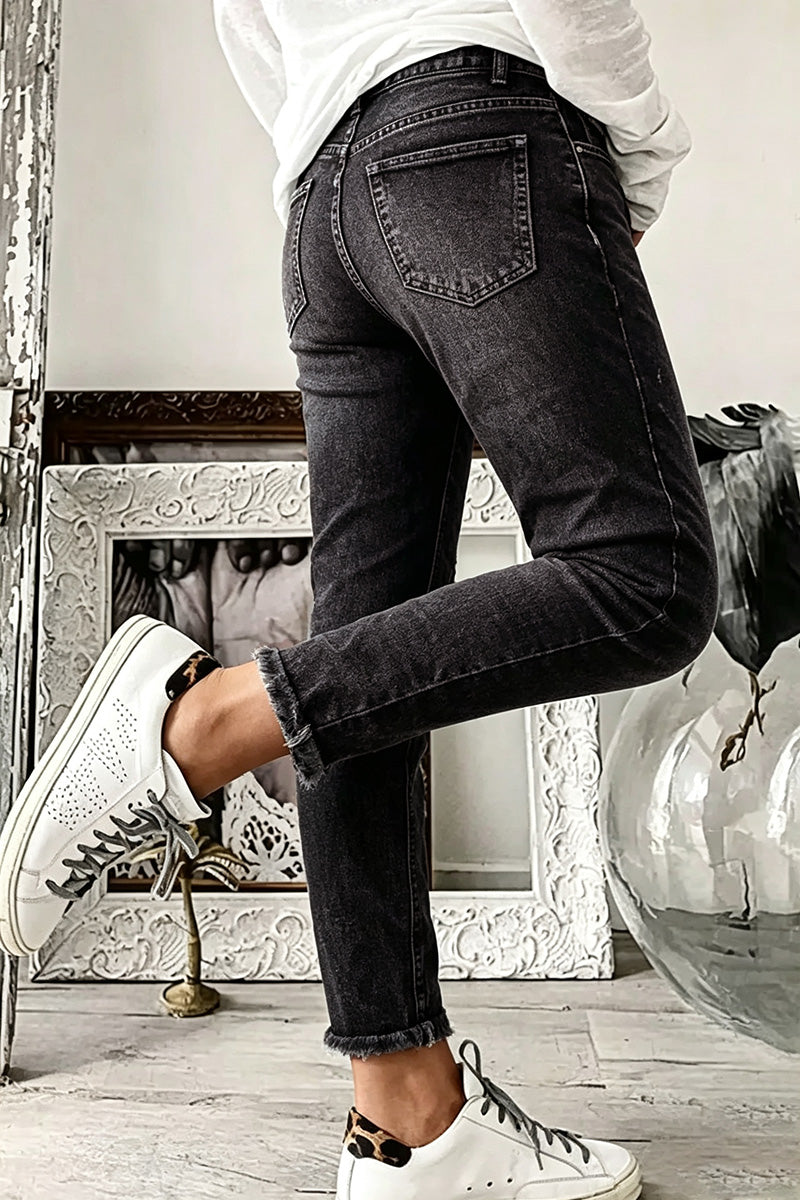 Wash Ripped Raw Hem Mid Rise Straight Leg Crop Jeans