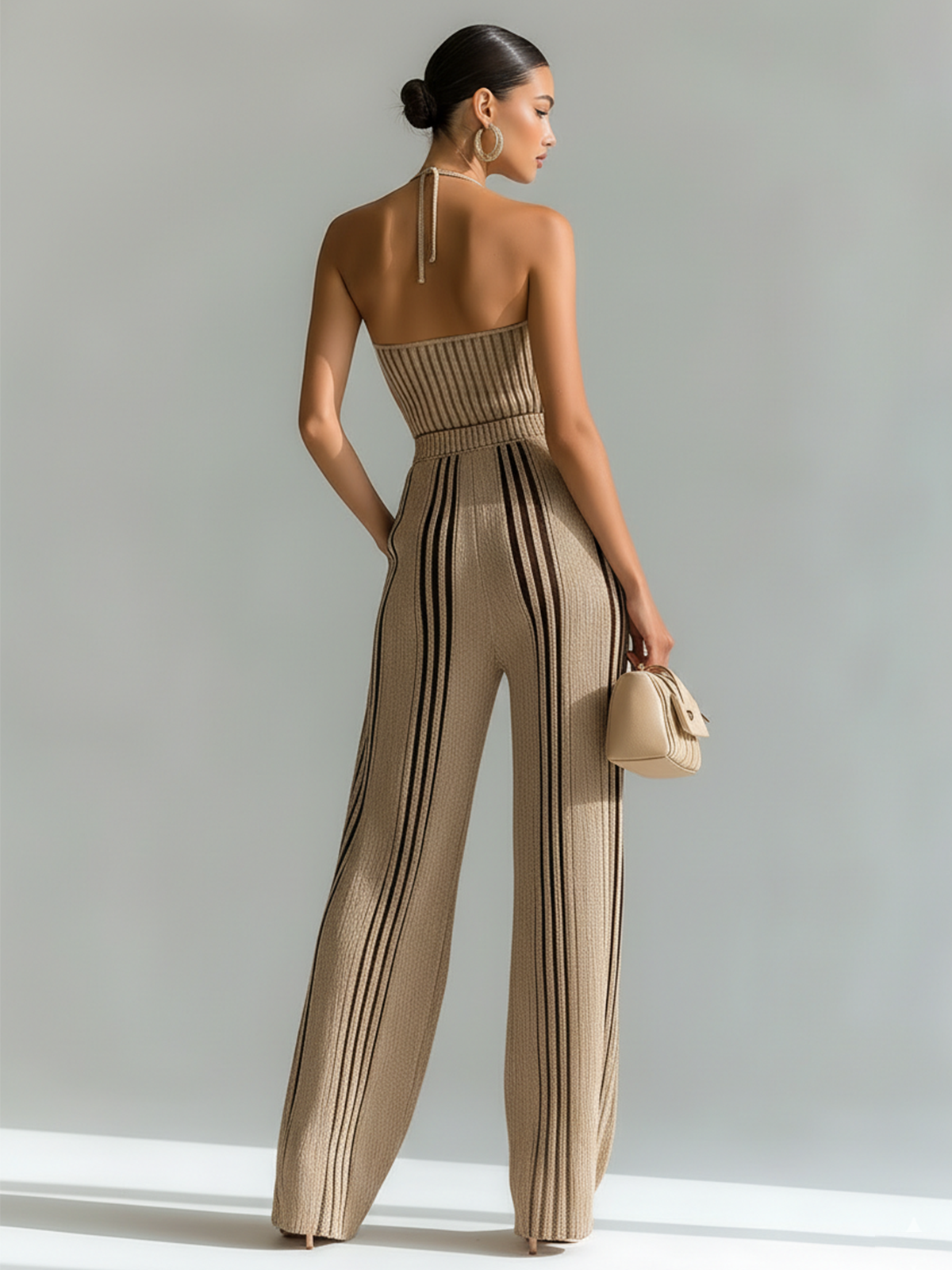 Chic Elegant Beige Slim Fit Sleeveless Camisole Stripes Waist Wide-Leg Pants Knit Two-Piece Set