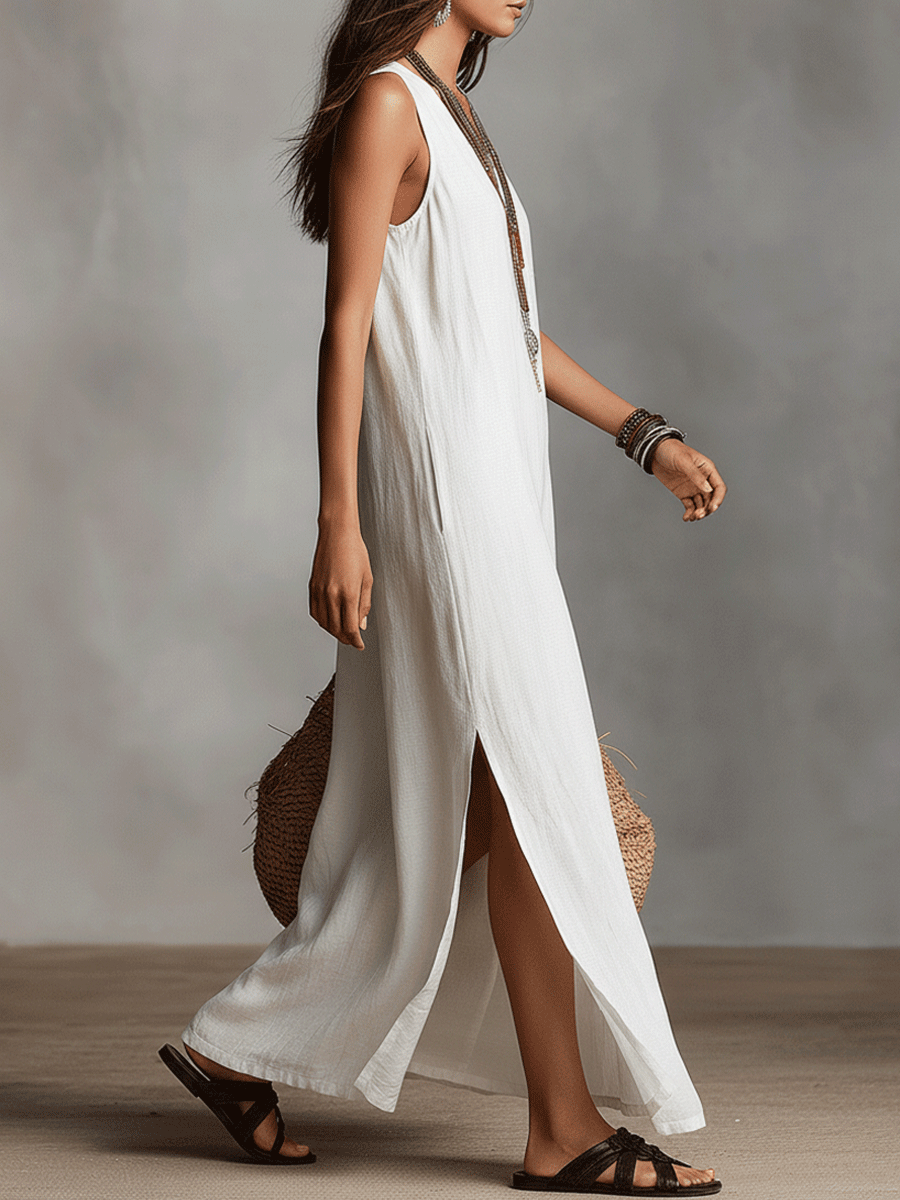 Robe longue sans manches col V blanche et chic