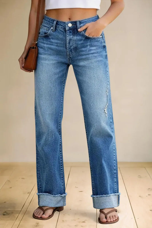 Wash Ripped Roll Hem Mid Waist Straight Leg Jeans