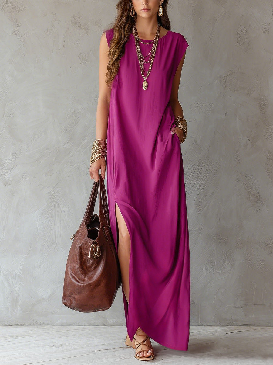 Robe longue sans manches en lin fendue sur le côté rouge violet