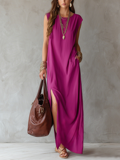 Robe longue sans manches en lin fendue sur le côté rouge violet