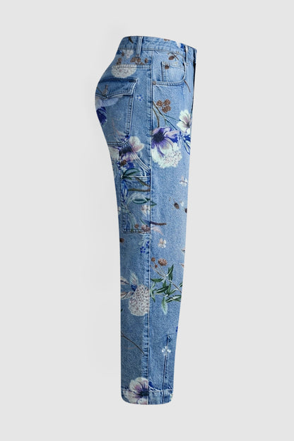 Wash Floral Print Flap Pocket Mid Rise Barrel Leg Crop Jeans