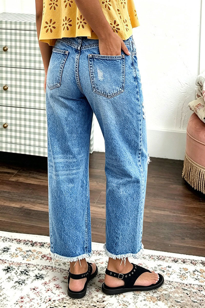 Wash Raw Hem Ripped Mid Waist Straight Leg Crop Jeans Without Belt