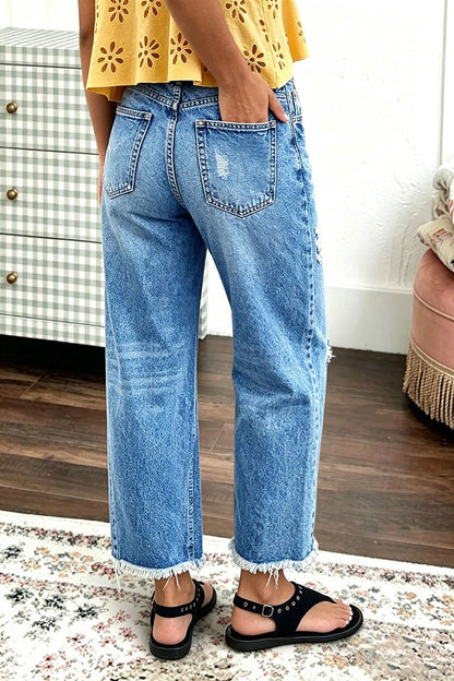Wash Raw Hem Ripped Mid Waist Straight Leg Crop Jeans Without Belt