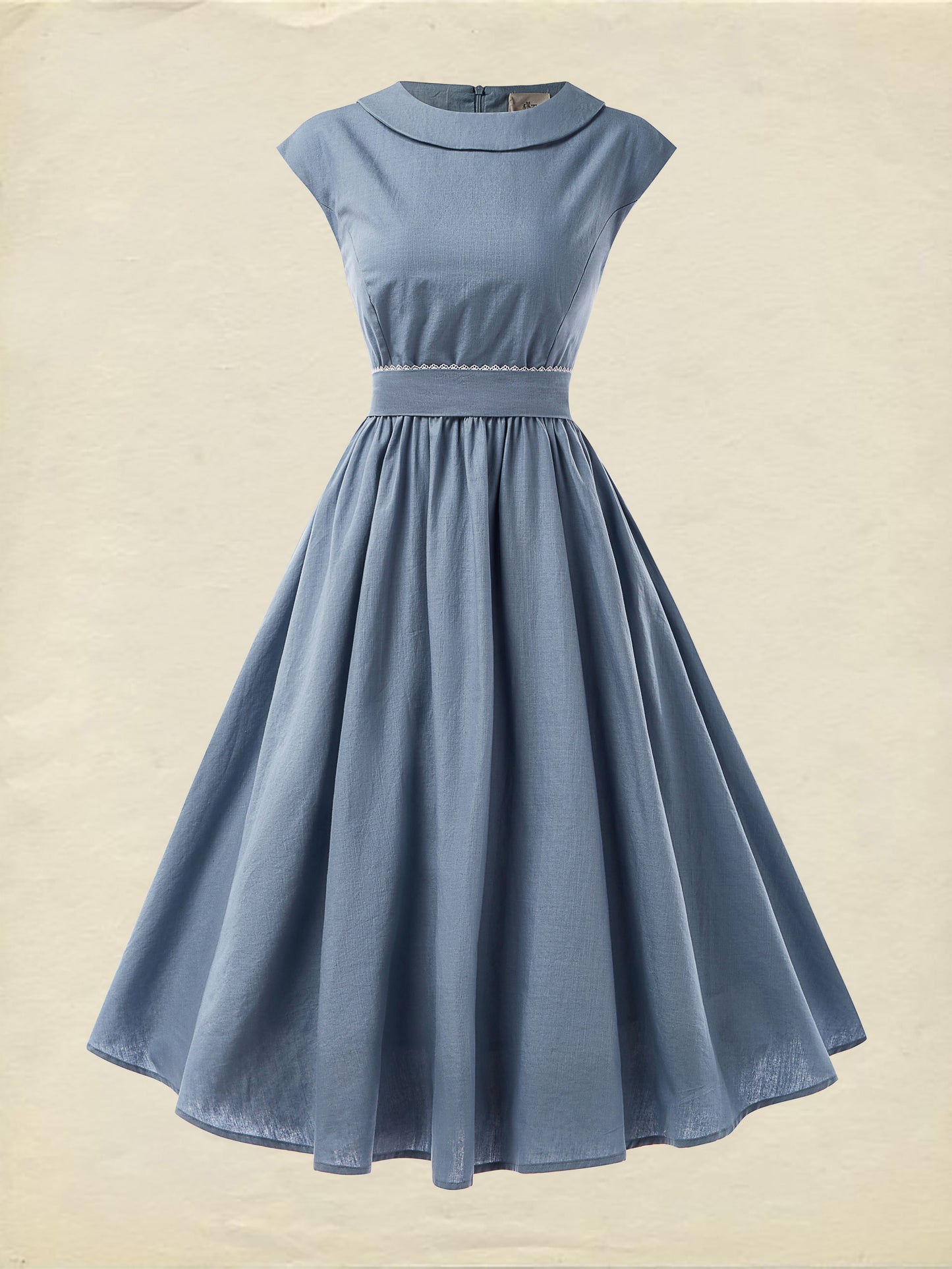 Robe Midi en Lin, Sans Manches, Col Rond, Unie, Vintage, Bleue