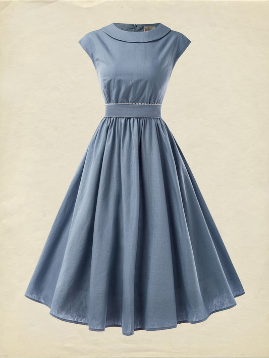 Robe Midi en Lin, Sans Manches, Col Rond, Unie, Vintage, Bleue
