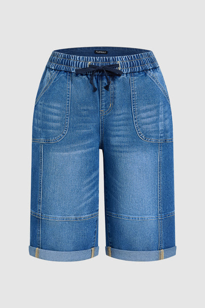 Wash Stitch Detail Roll Hem Drawstring Mid Rise Denim Bermuda Shorts