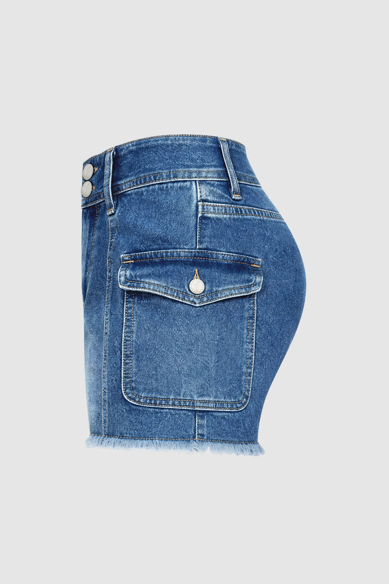 Wash Raw Hem Stitch Detail Flap Pocket Mid Waist Denim Shorts