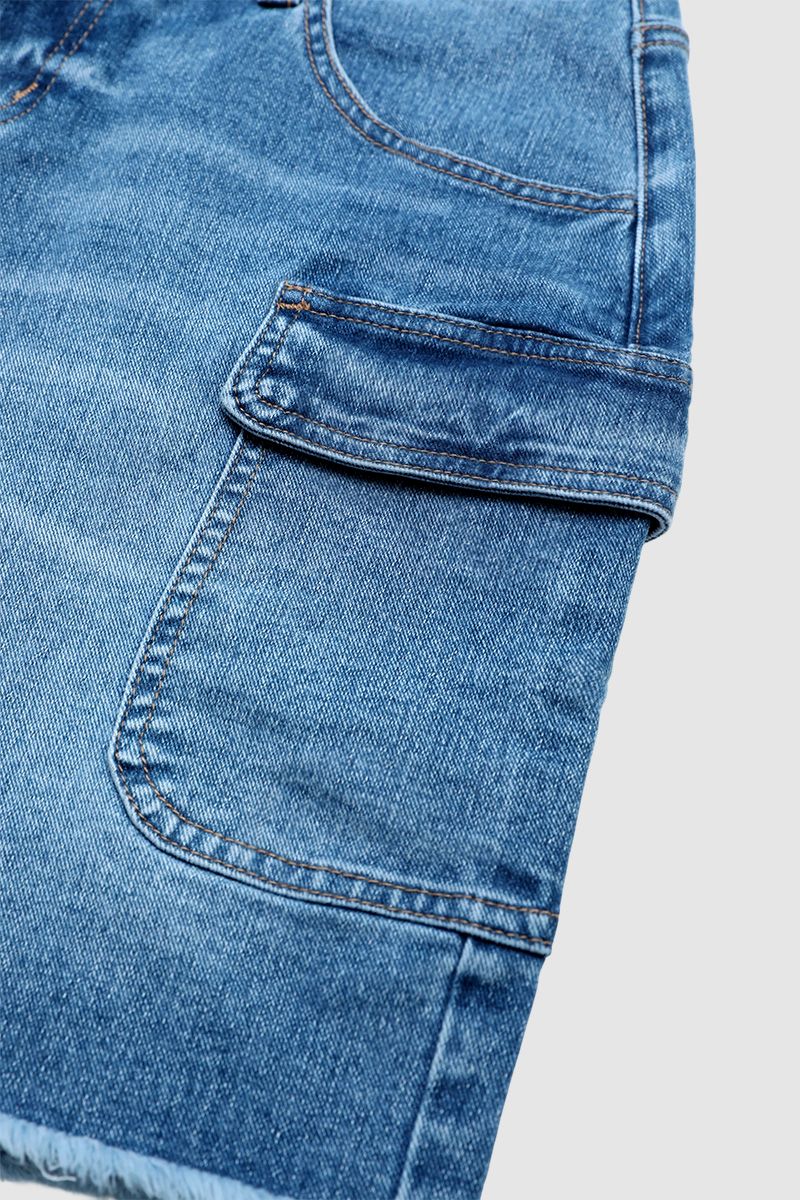 Wash Raw Hem Dual Button Mid Waist Denim Mid Thigh Shorts