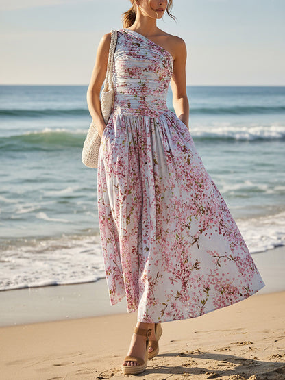 Robe longue en lin, sans manches, asymétrique, florale, vacances, vintage, rose