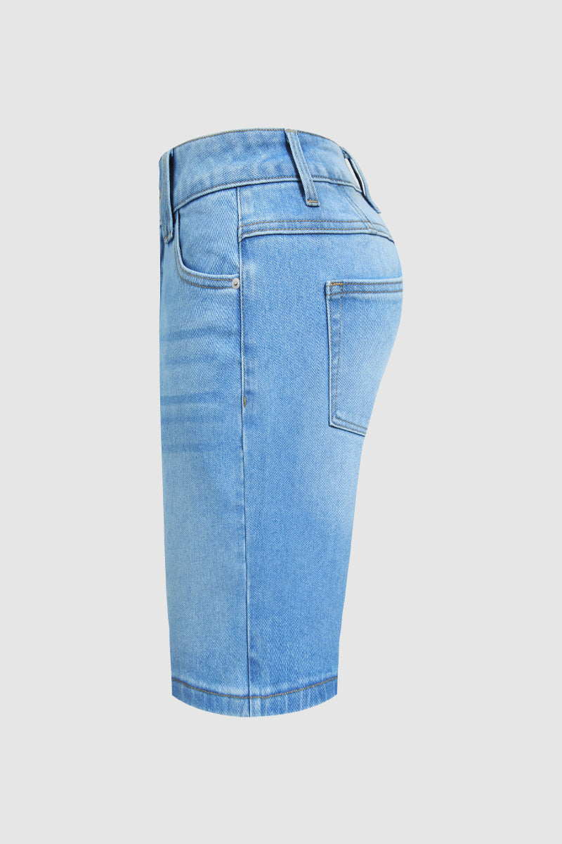 Wash Floral Embroidery Mid Rise Denim Bermuda Shorts