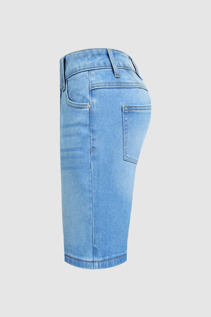 Wash Floral Embroidery Mid Rise Denim Bermuda Shorts