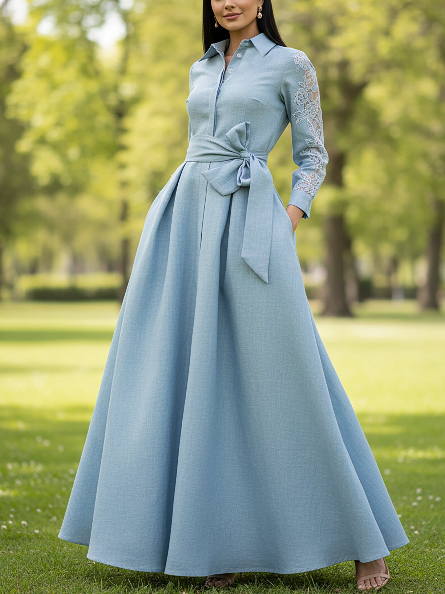 Robe longue en lin, manches longues, col châle, unie, avec ceinture, vintage, bleue