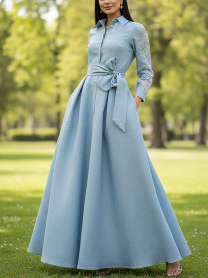 Robe longue en lin, manches longues, col châle, unie, avec ceinture, vintage, bleue