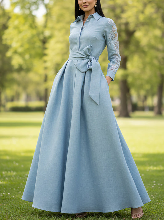 Robe longue en lin, manches longues, col châle, unie, avec ceinture, vintage, bleue