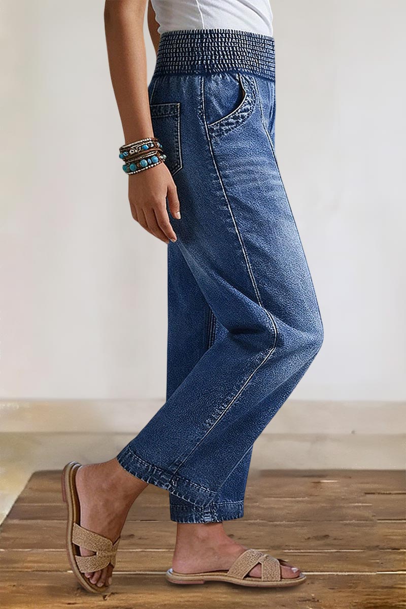 Wash Elastic High Waist Straight Leg Crop Jeans