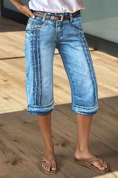 Wash Stitch Detail Mid Waist Straight Leg Capri Jeans Without Belt