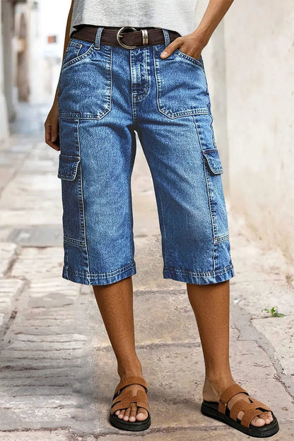 Wash Flap Pocket High Waist Straight Leg Capri Jeans Without Belt