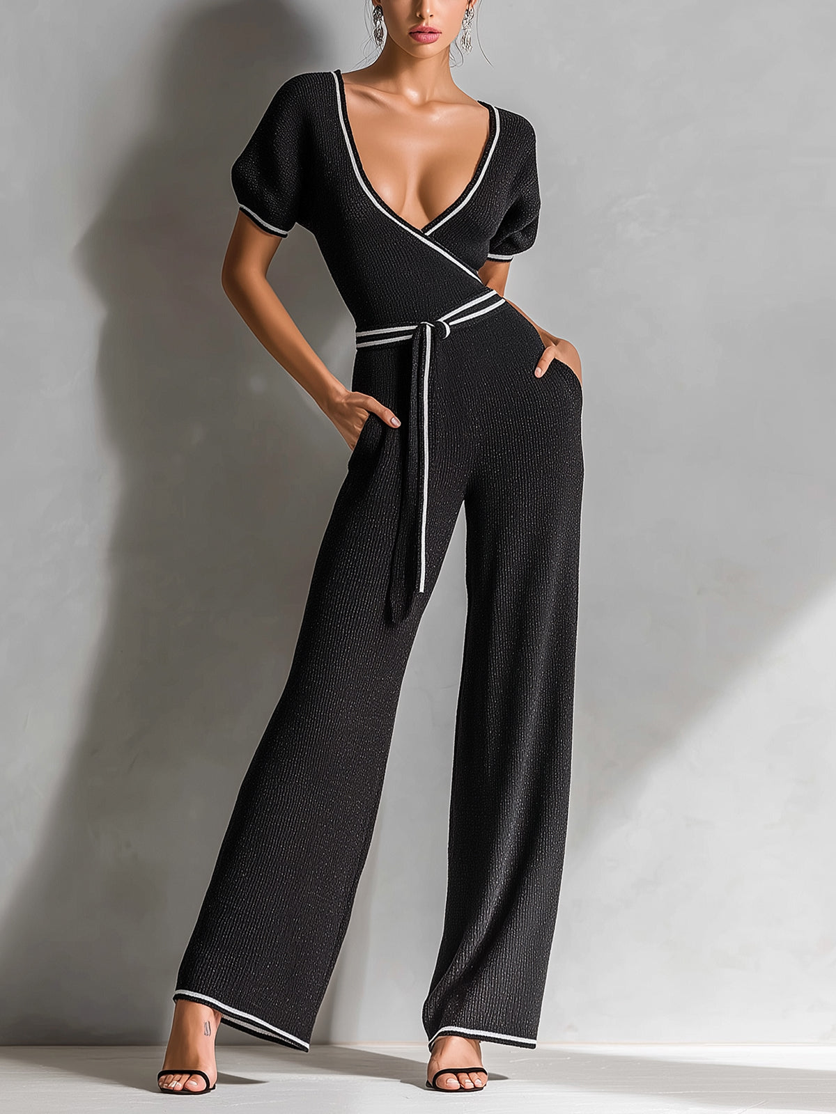 Chic Elegant Black Deep V-Neck Short Sleeve Contrast Trim Cross-Front Slim-Fit Wide-Leg Ribbed Knit Jumpsuit