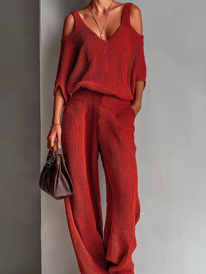 Chic Elegant Red V-Neck Half-Sleeve Cutout Details Loose-Fit Sweater Wide-Leg Pants Knit Two-Piece Set